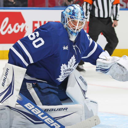 A hockey goalie in a blue uniform and mask, preparing to make a save on the ice, representing the Toronto Maple Leafs.